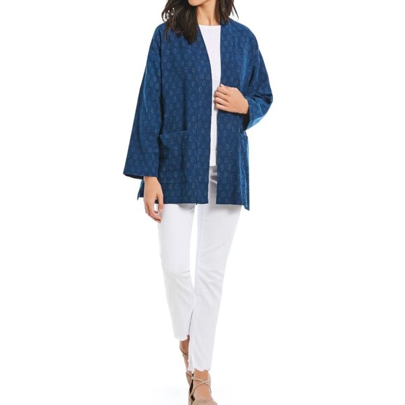 Eileen Fisher Size L Blue Block Printed Organic Cotton Kimono Jacket Open Front - Picture 1 of 11